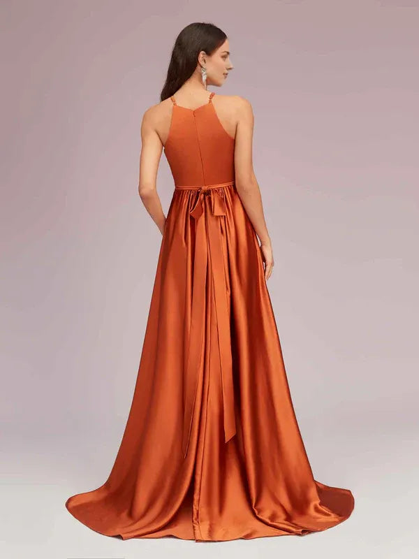 Robe Weitese unique en satin, col haut et bas, robe de soirée à bretelles spaghetti, sans manches, pour femme